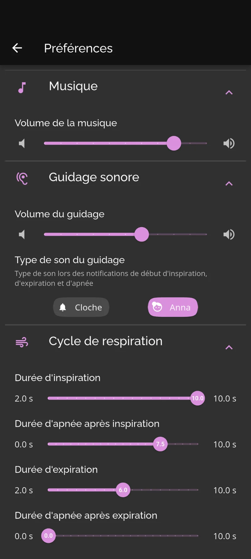 Top Breath cohérence cardiaque - mode sombre réglages audio