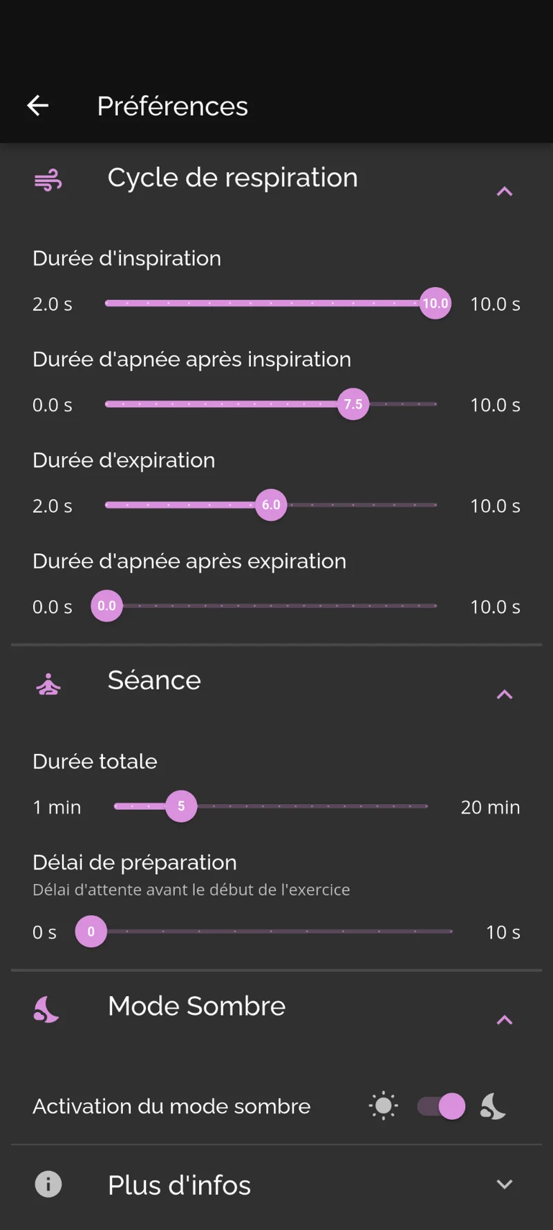 Top Breath cohérence cardiaque - mode sombre réglages exercice